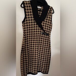 Calvin Klein Black and Brown Houndstooth Midi Sweater Dress